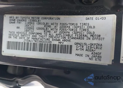 2003 Toyota 4Runner Limited V6 из США, поврежденный, VIN JTEBU17R038003165